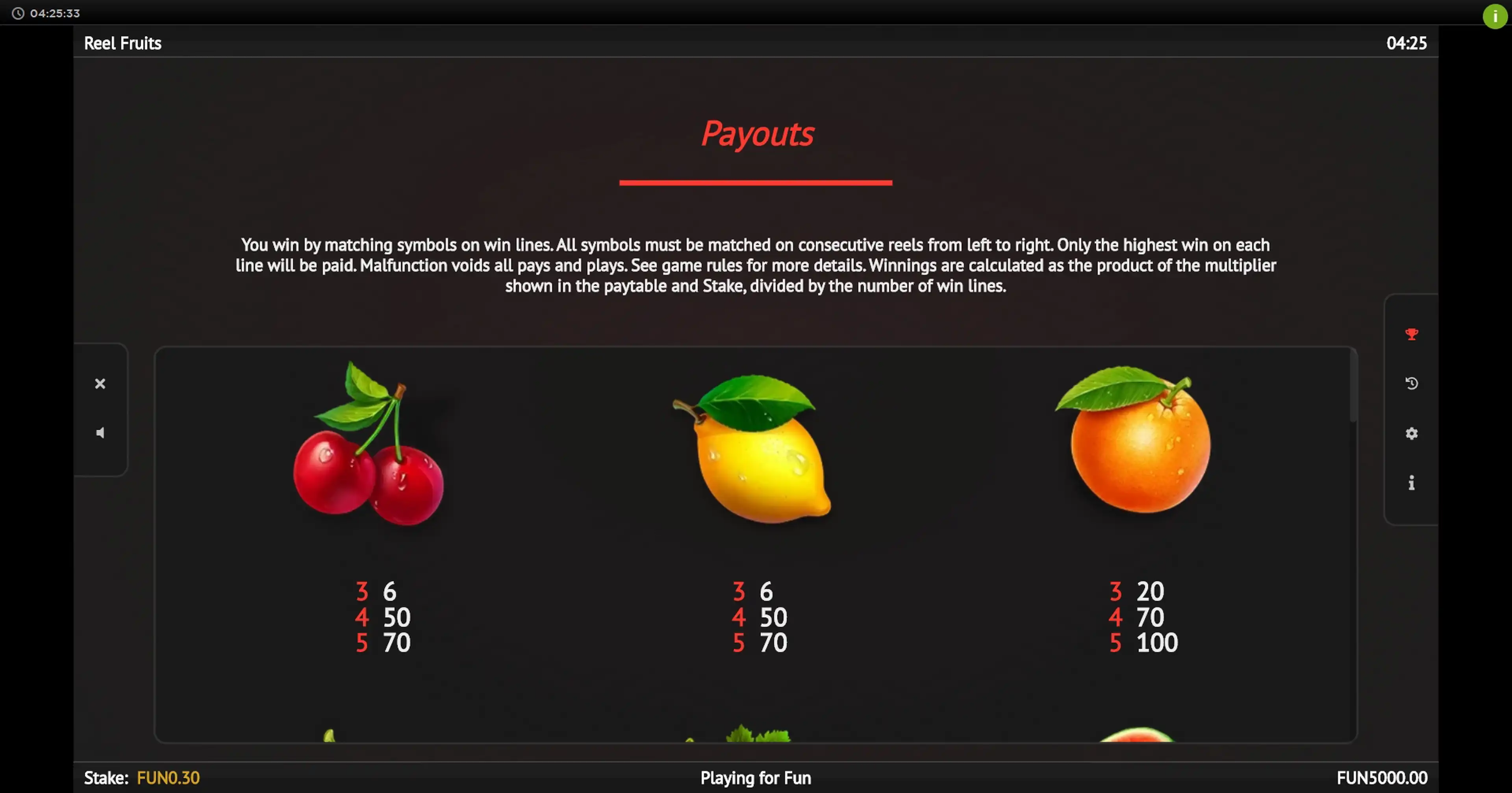 Info of Reel Fruits! Slot Game by 1x2 Gaming