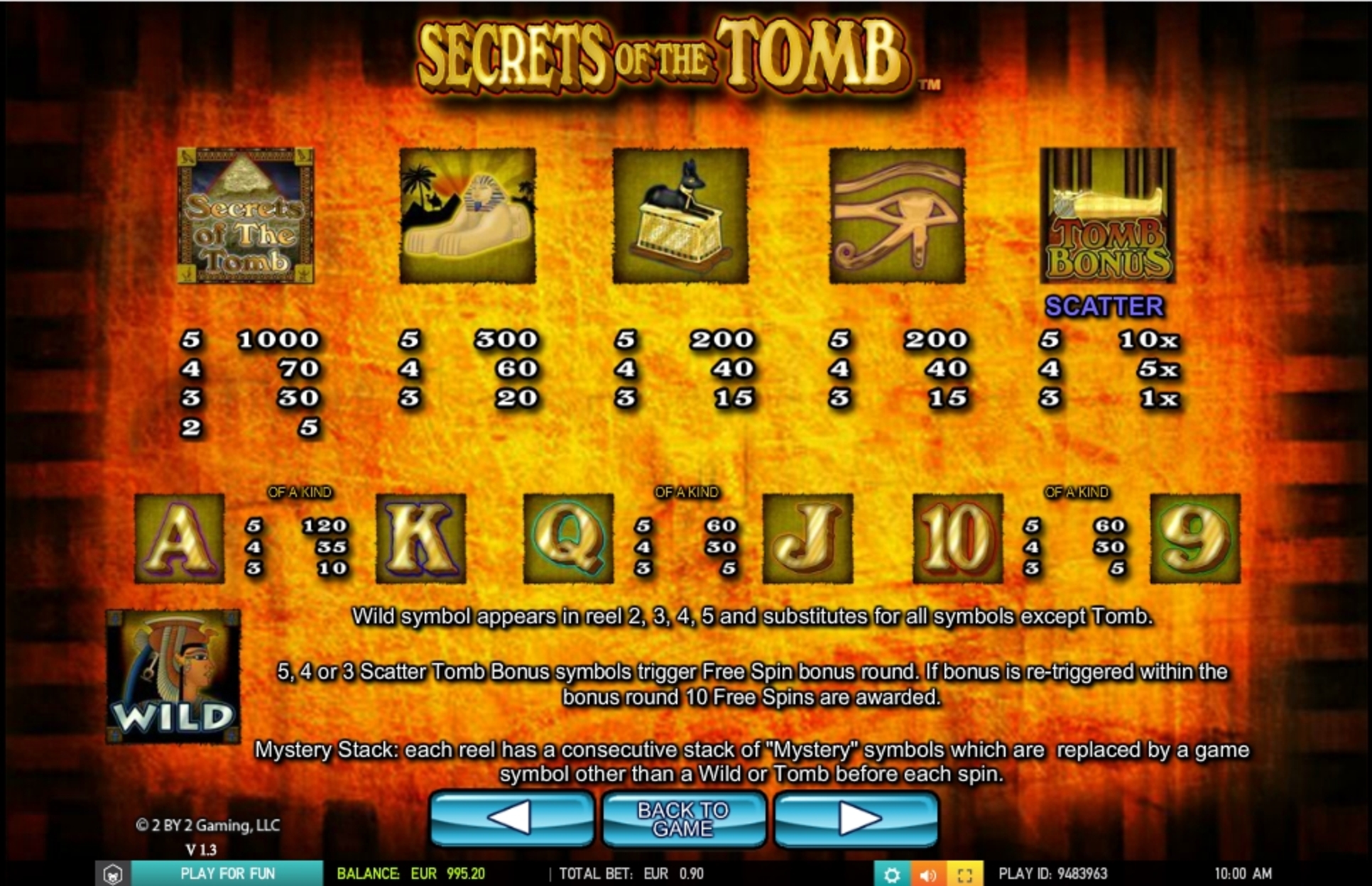 Info of Secrets of the tomb Slot Game by 2 By 2 Gaming