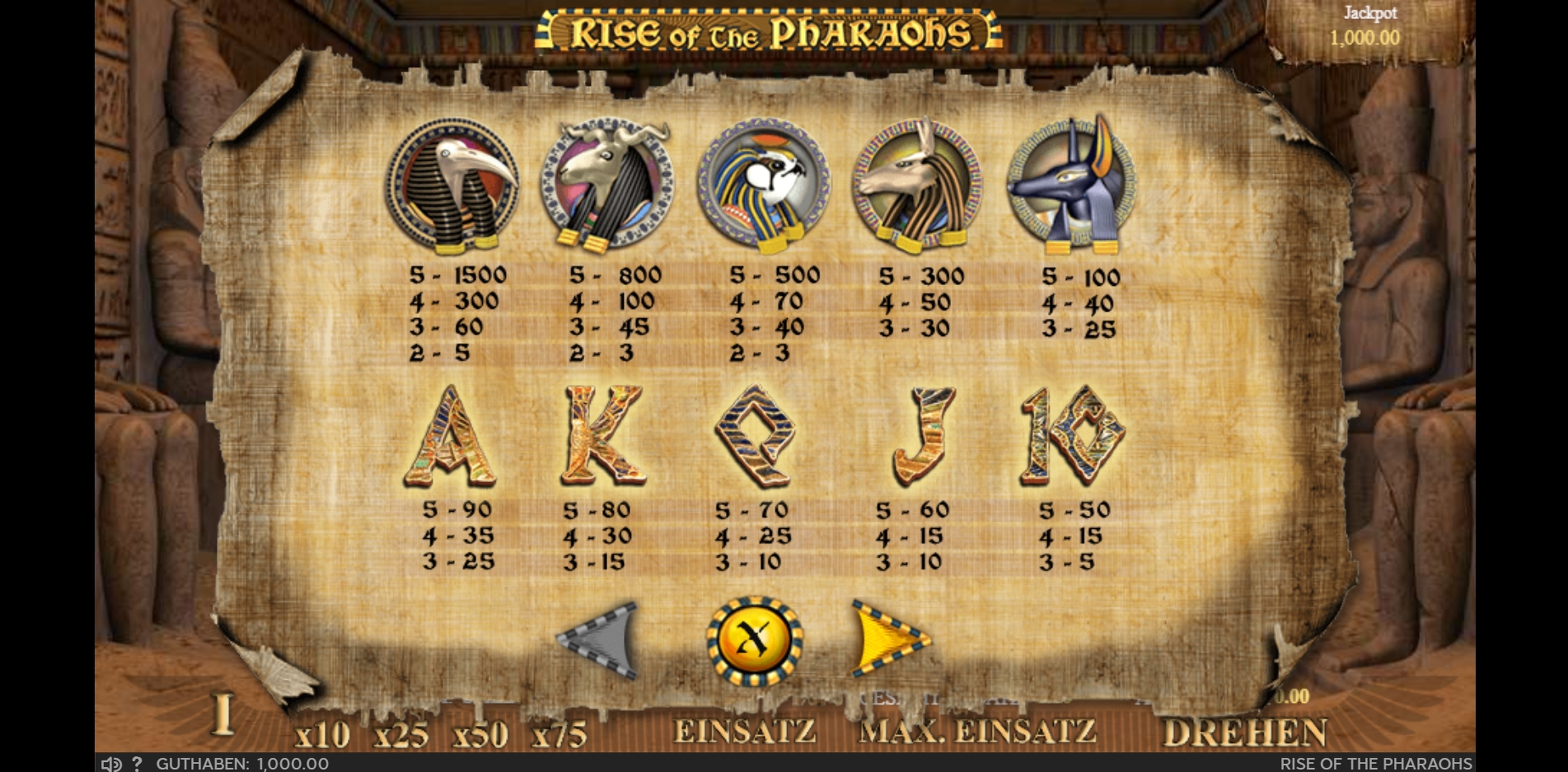 Info of Rise Of The Pharaohs Slot Game by 888 Gaming