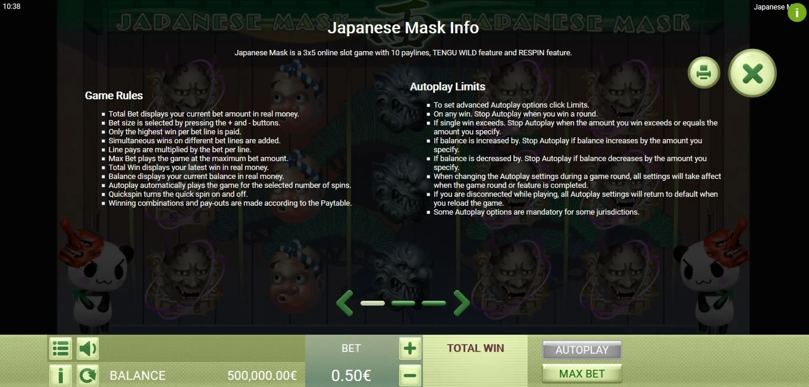 Info of Japanese Mask Slot Game by Gamatron