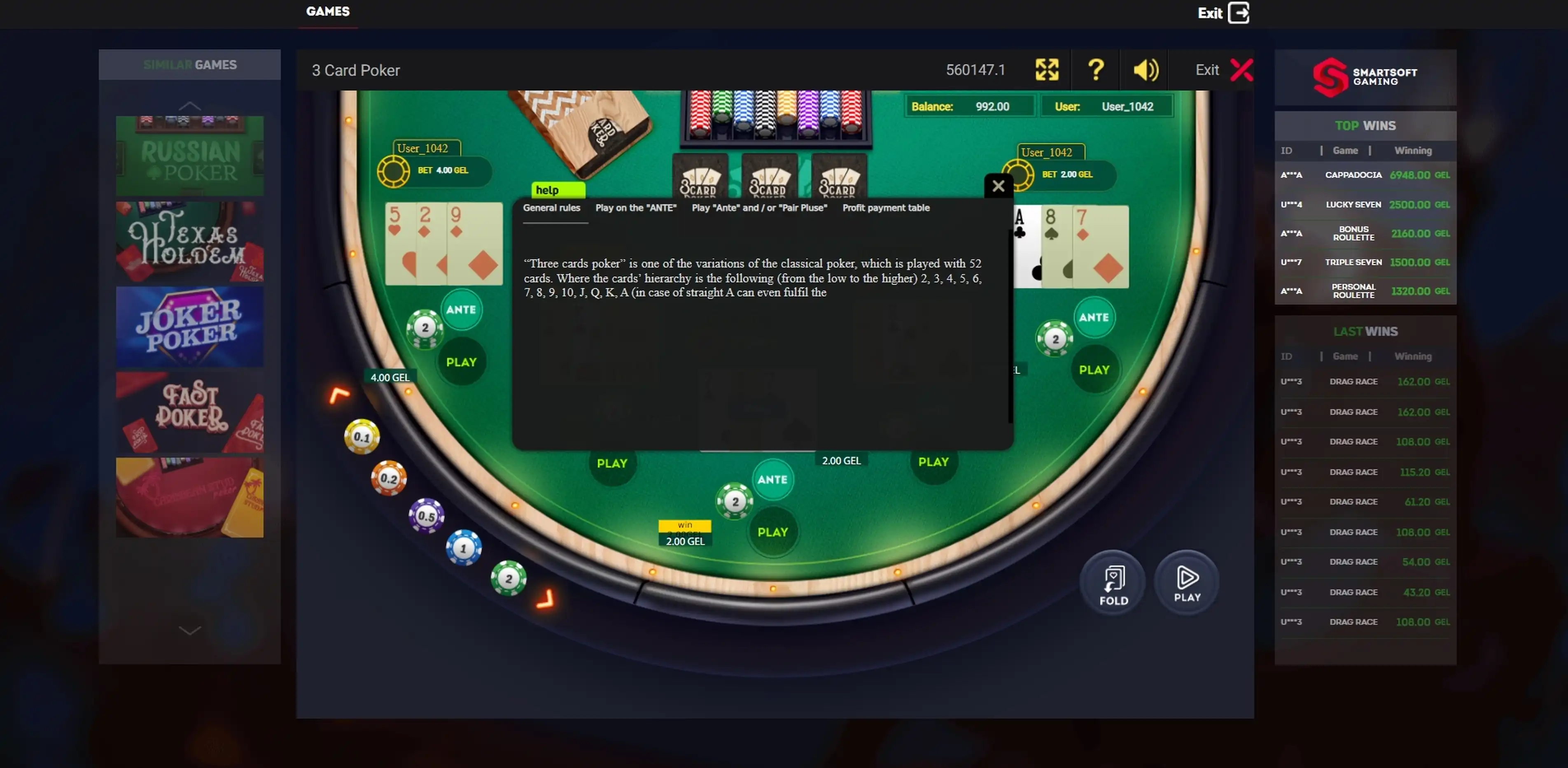 Info of 3 Card Poker Slot Game by Smartsoft Gaming