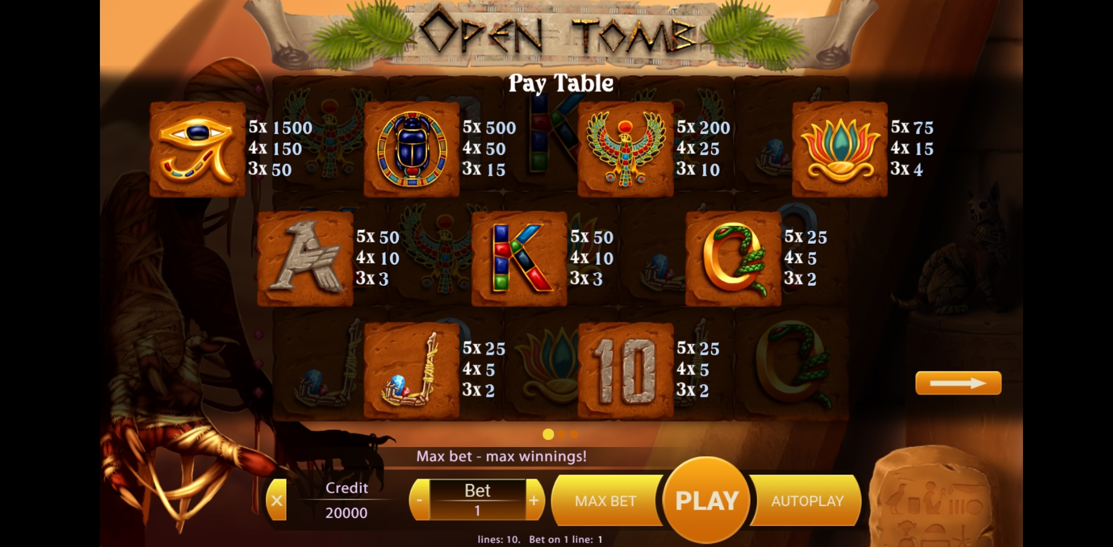 Info of Open Tomb Slot Game by X Play
