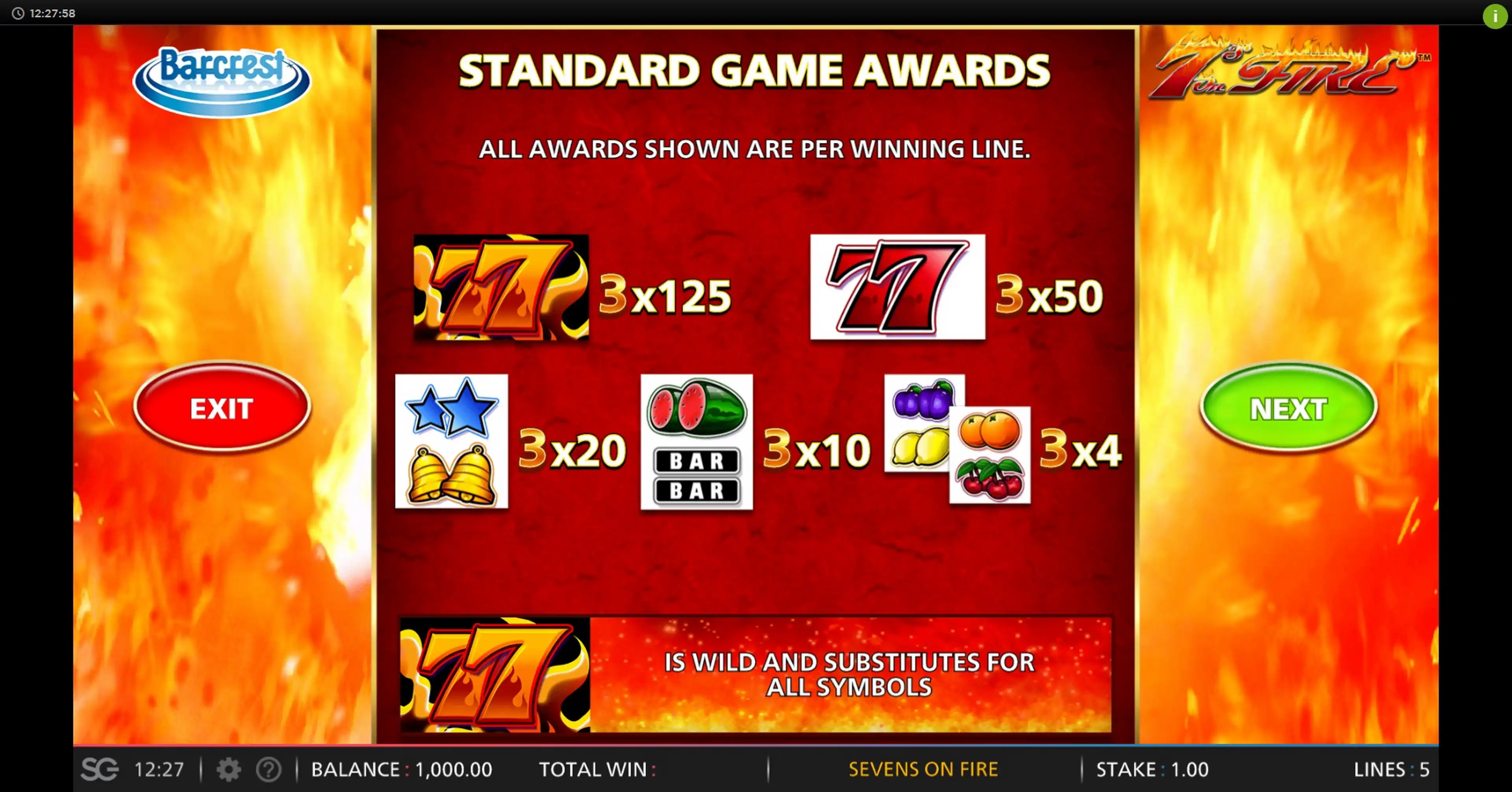 Info of 7s On Fire Slot Game by Barcrest Games