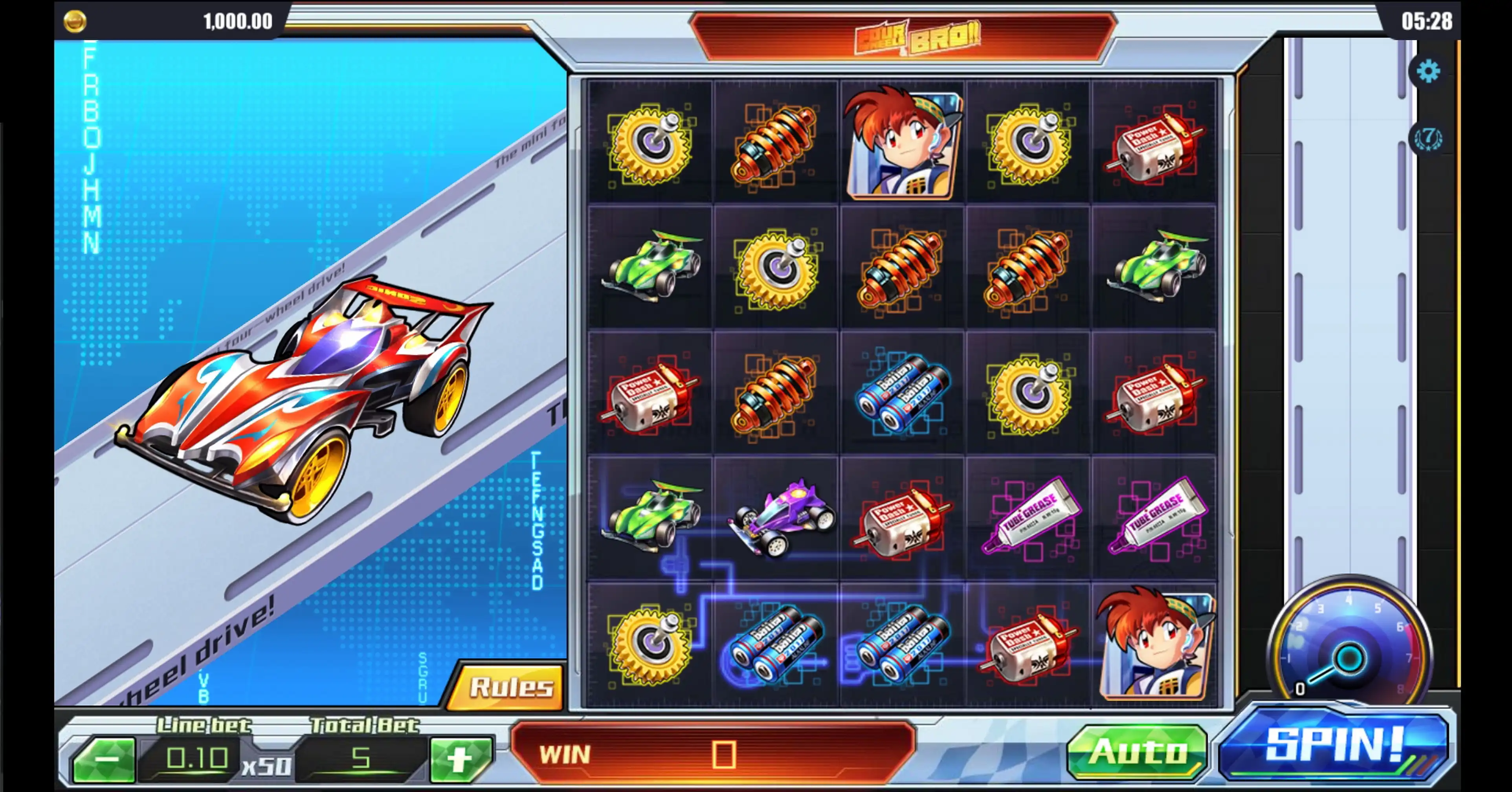 Reels in Four Wheels & Bro Slot Game by Dreamtech Gaming