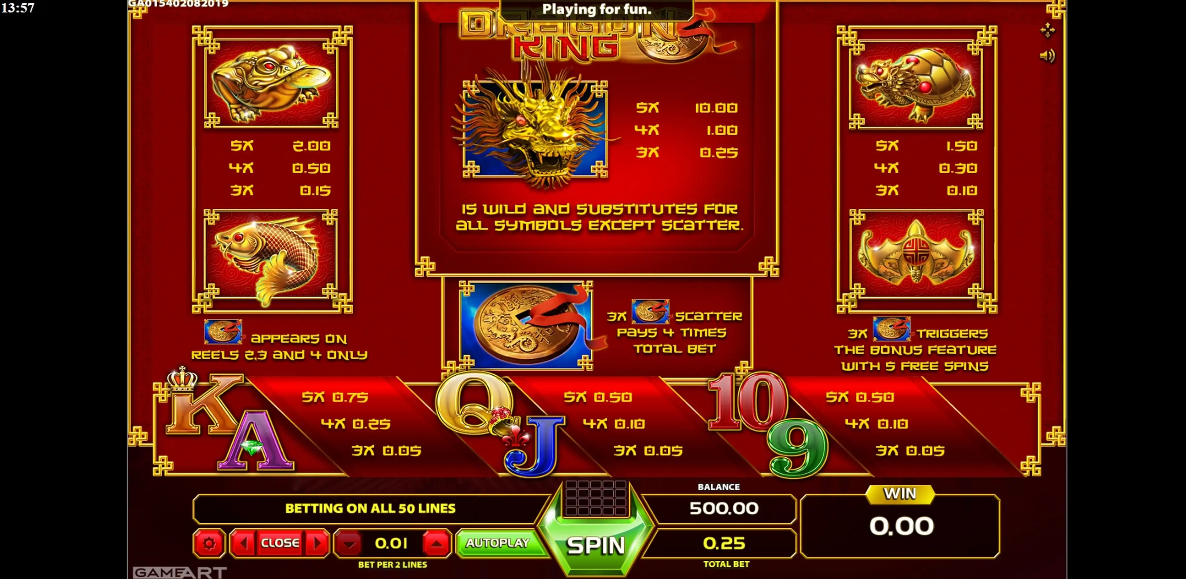 Info of Dragon King Slot Game by GameArt