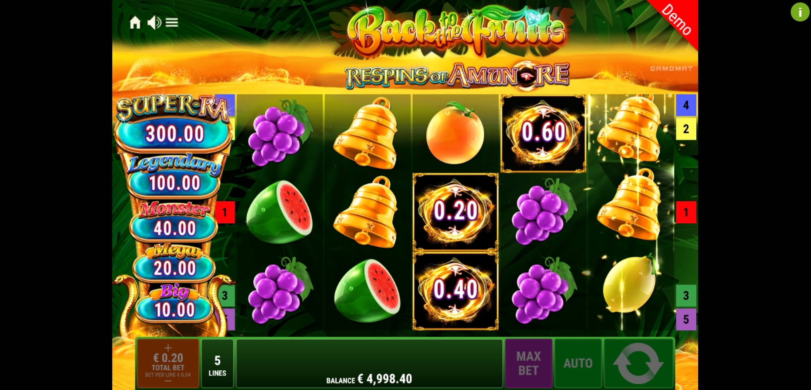 Win Money in Back to the Fruits Respins of Amun-Re Free Slot Game by Gamomat