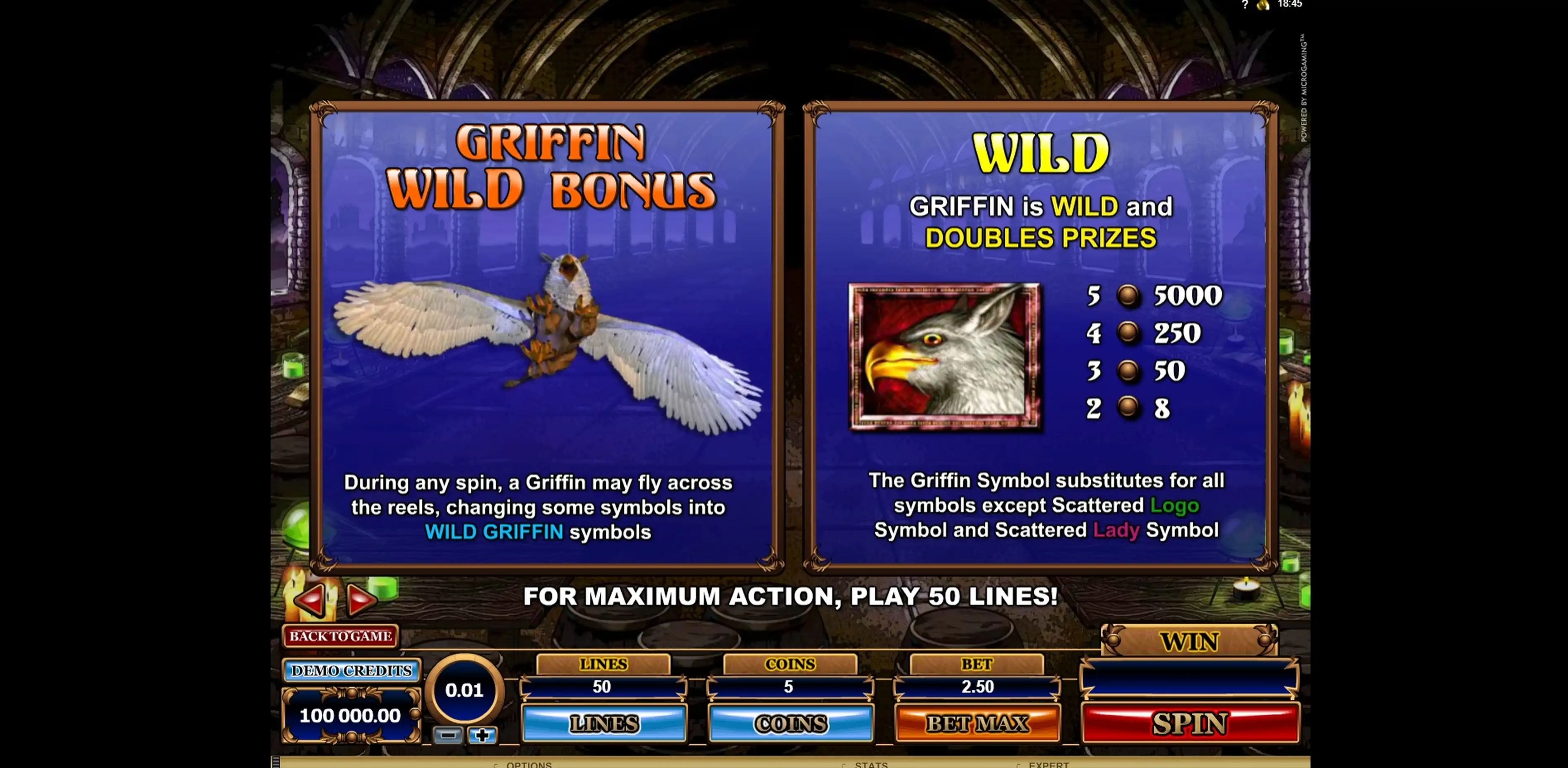 Info of Great Griffin Slot Game by Microgaming