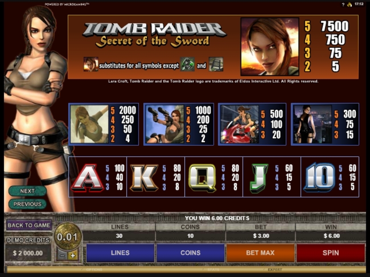 Info of Tomb Raider Secret of the Sword Slot Game by Microgaming
