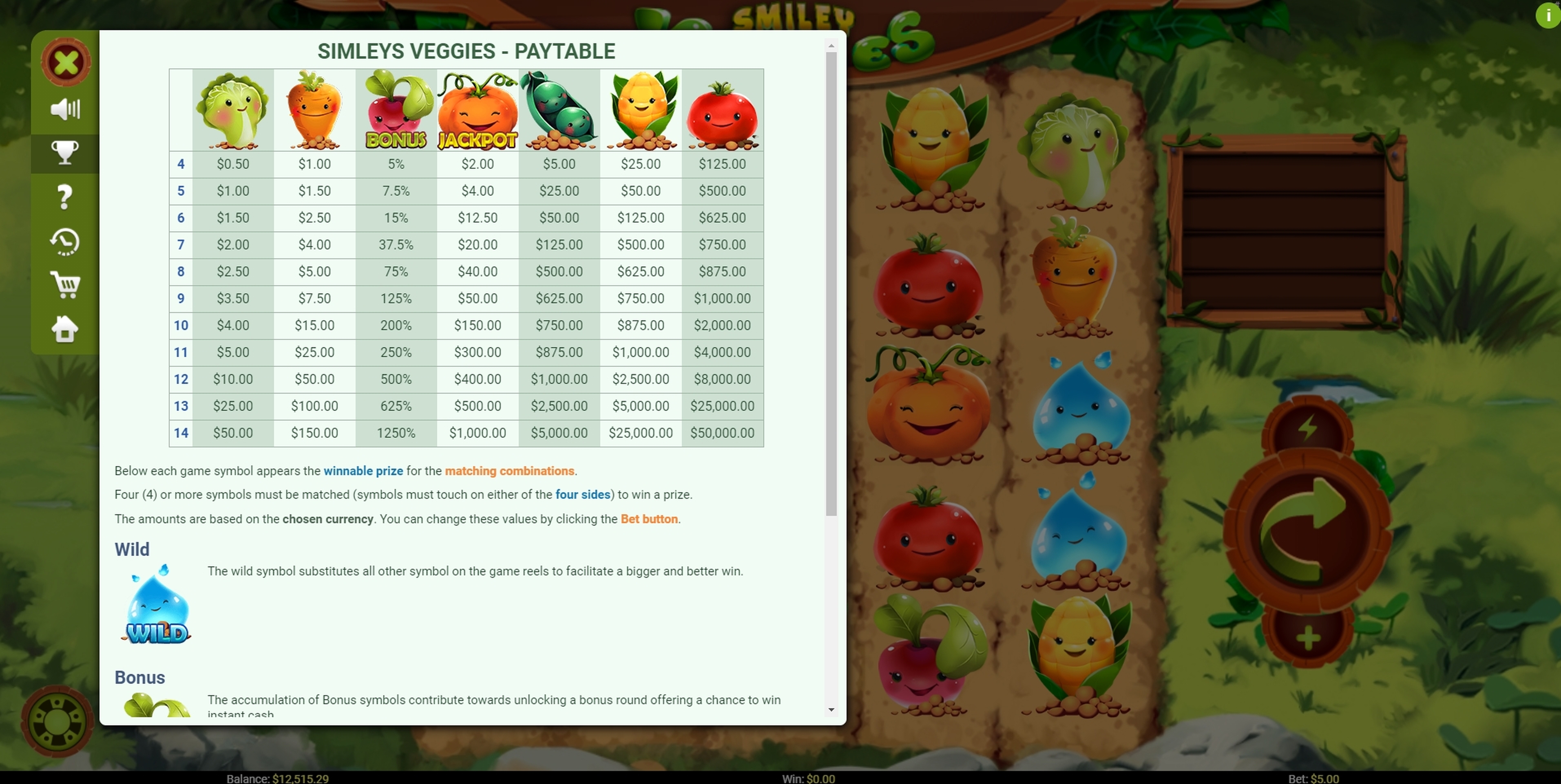 Info of Smiley Veggies Slot Game by Mobilots