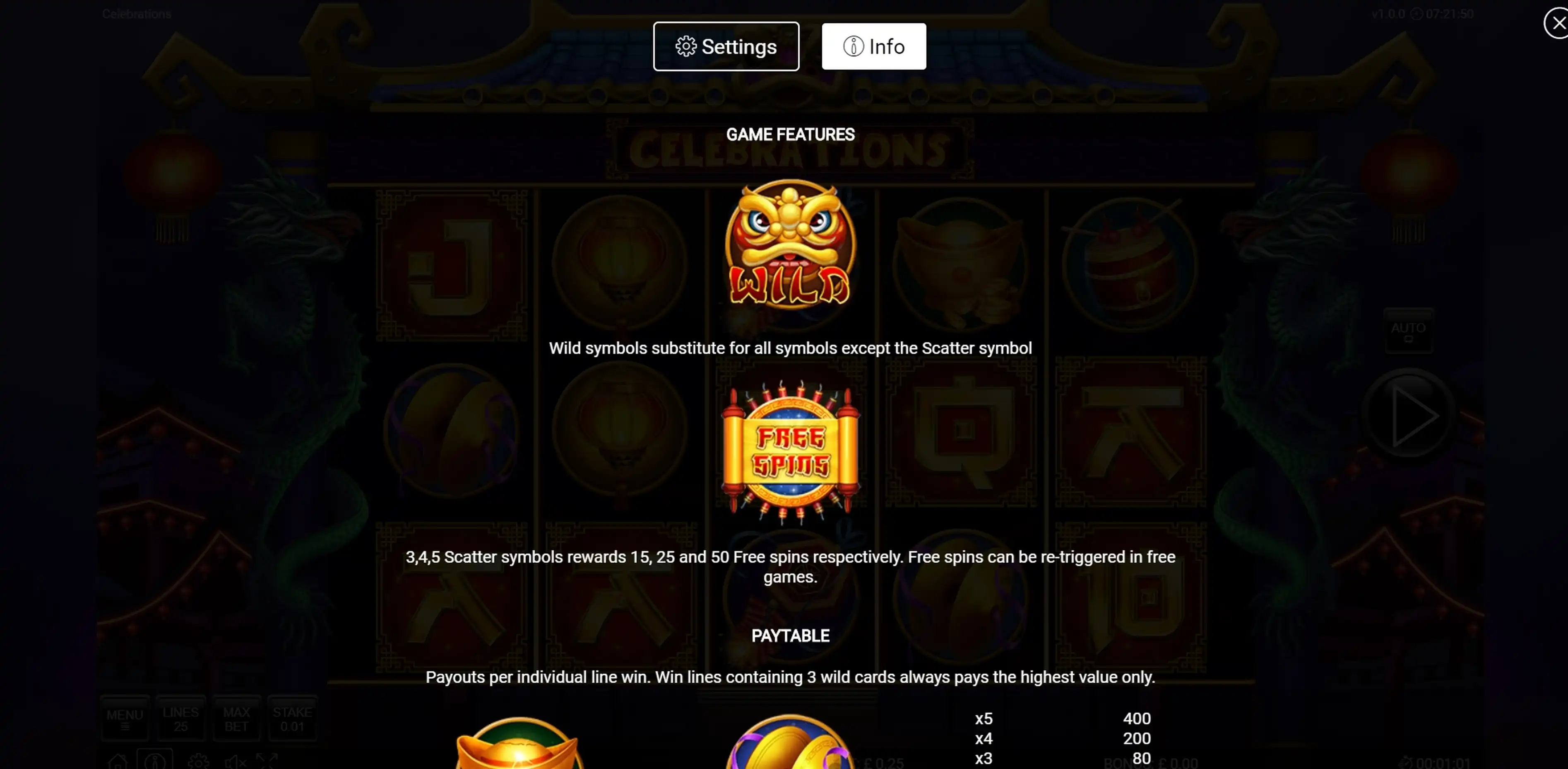 Info of Celebrations Slot Game by Nektan