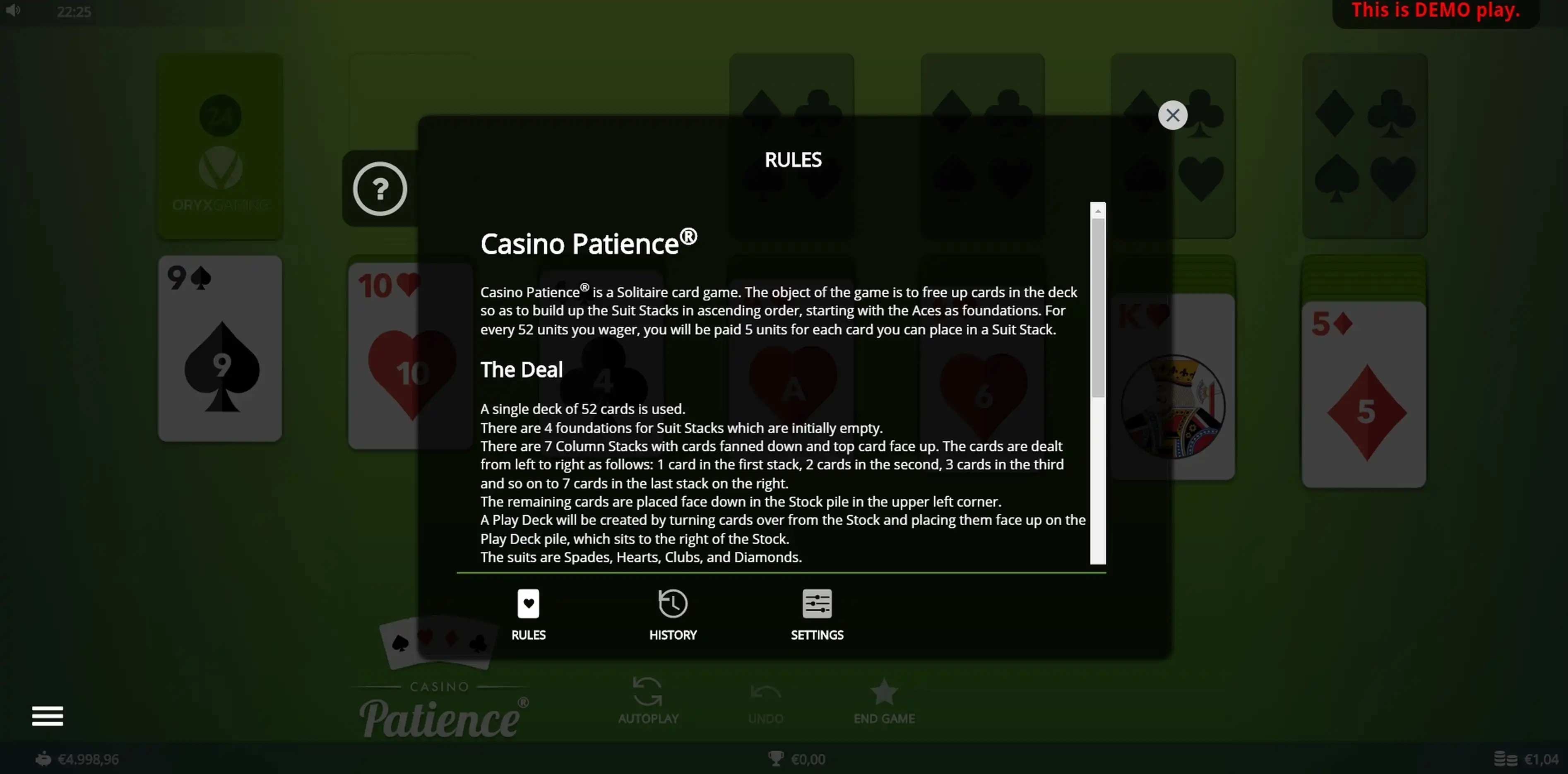 Info of Casino Patience Slot Game by Oryx Gaming