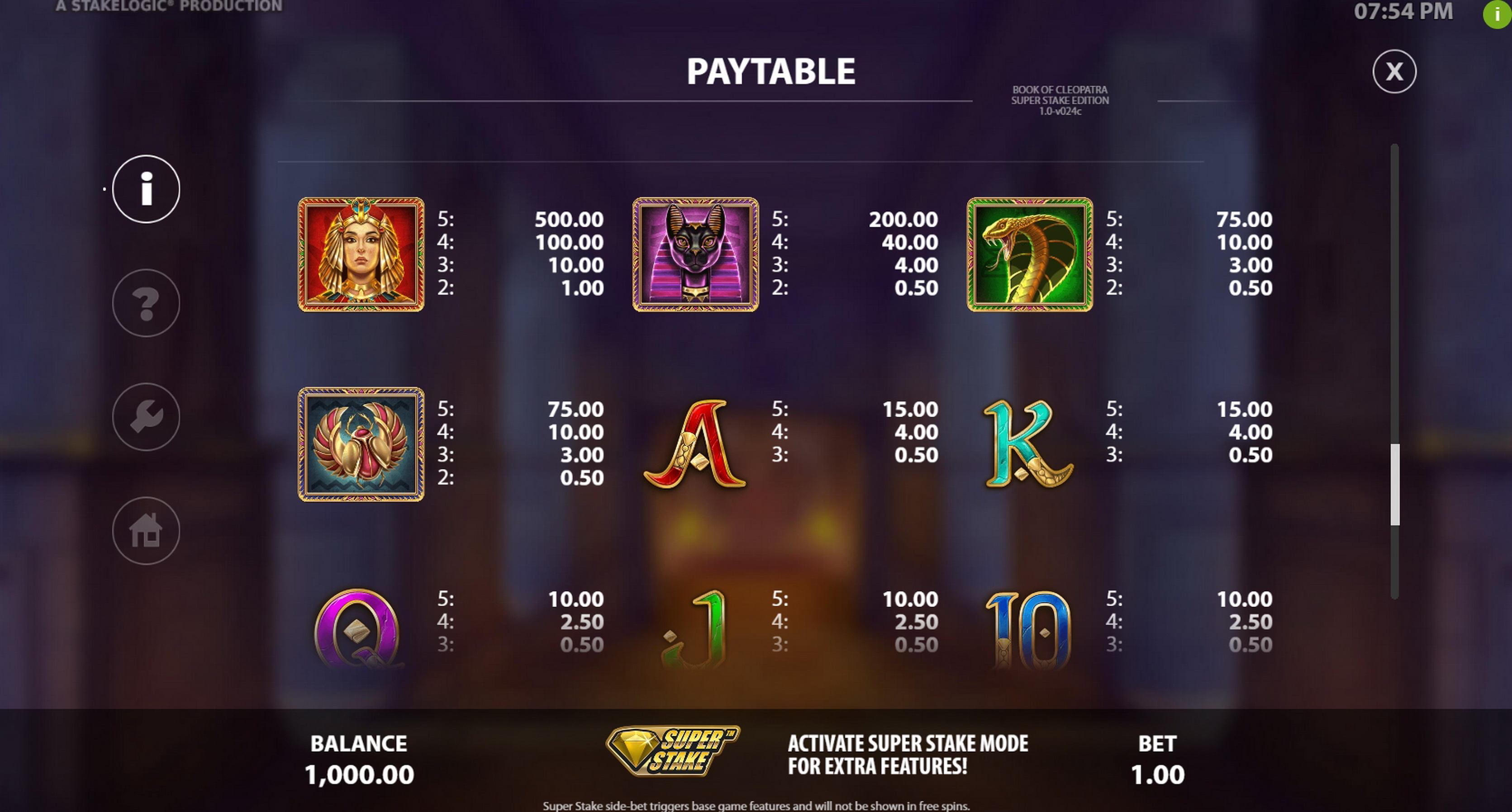 Info of Book of Cleopatra Super Stake Edition Slot Game by Stakelogic