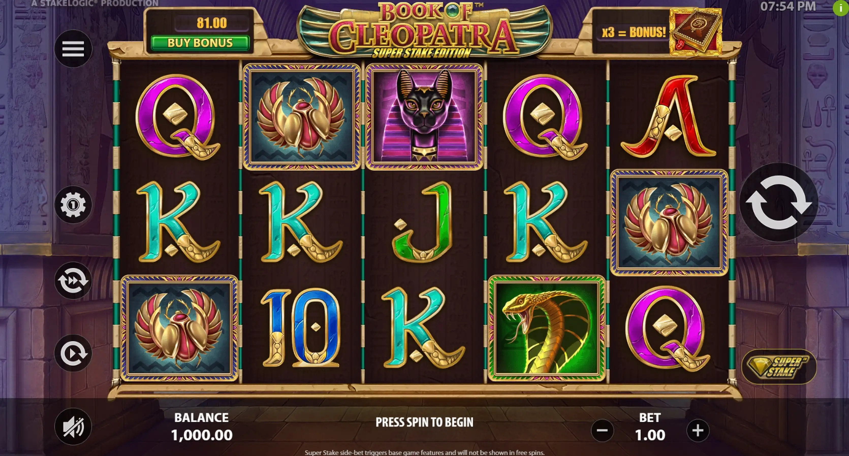 Reels in Book of Cleopatra Super Stake Edition Slot Game by Stakelogic