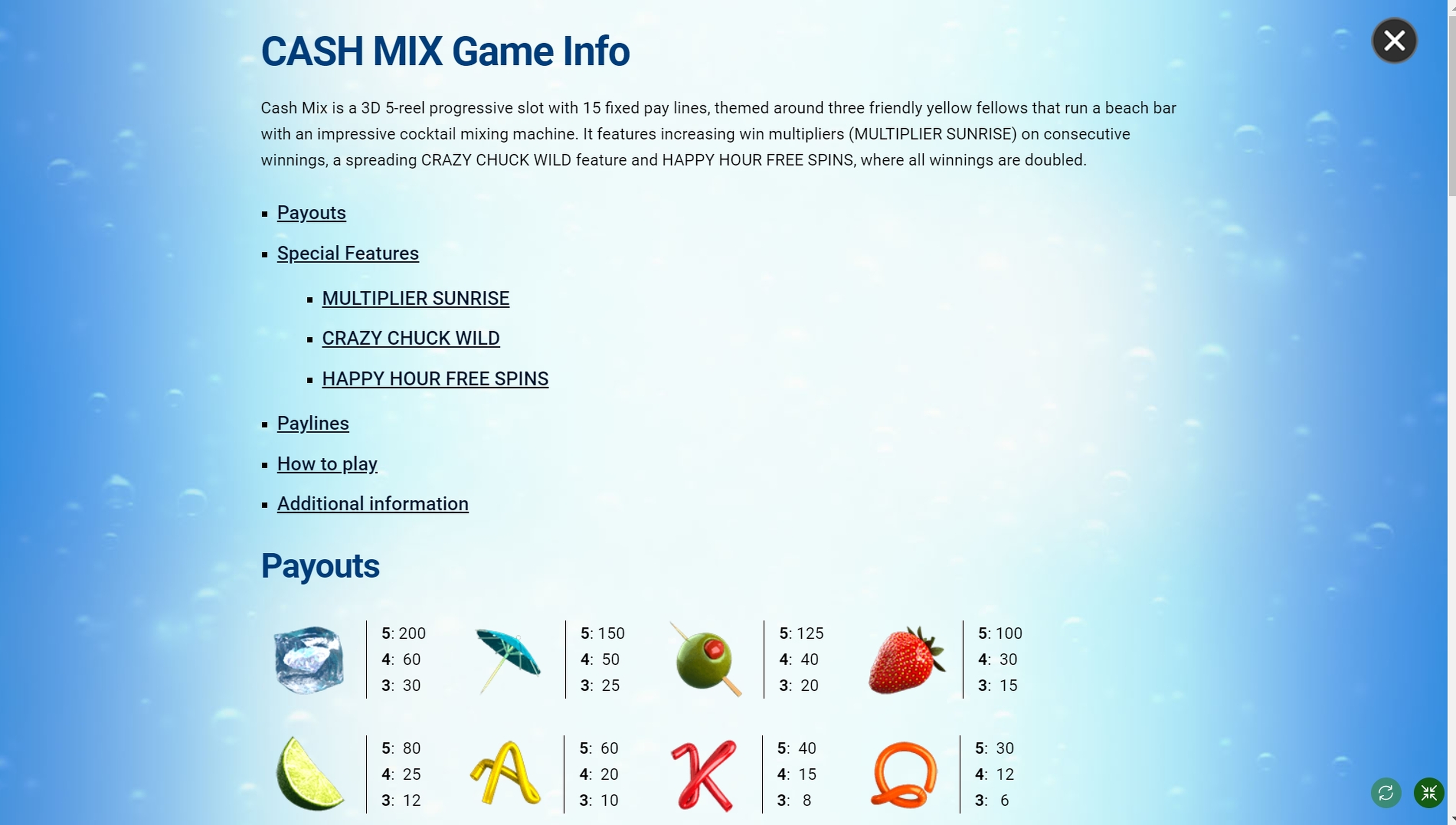 Info of Cash Mix Slot Game by SUNfox Games